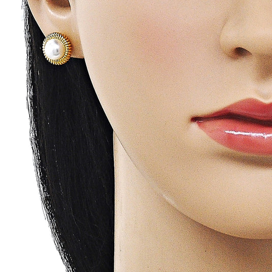 Oro Laminado Stud Earring, Gold Filled Style Flower Design, with Ivory Pearl, Polished, Golden Finish