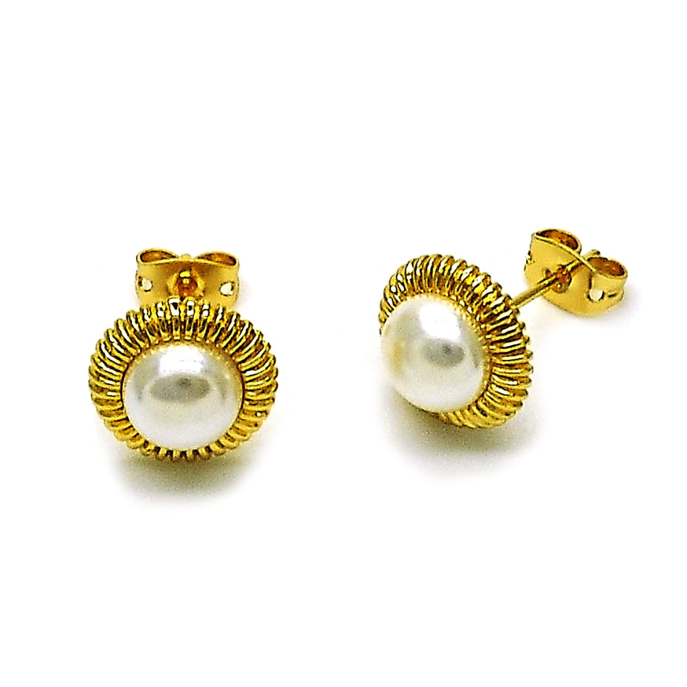 Oro Laminado Stud Earring, Gold Filled Style Flower Design, with Ivory Pearl, Polished, Golden Finish
