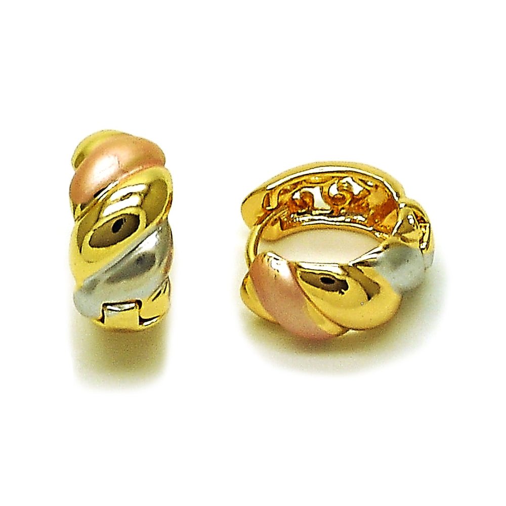 Oro Laminado Huggie Hoop, Gold Filled Style Twist Design, Polished, Tricolor
