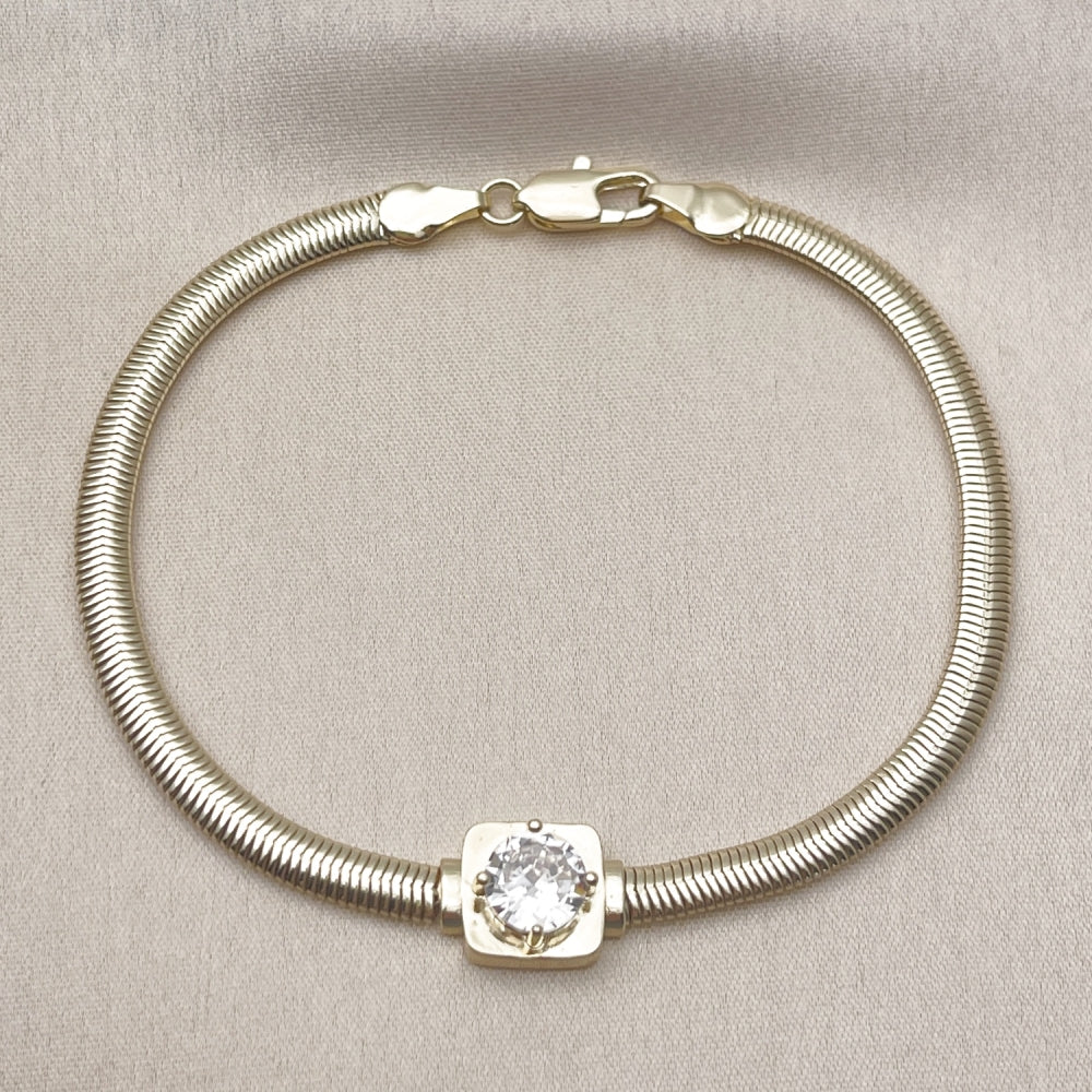 Oro Laminado Fancy Bracelet, Gold Filled Style Rat Tail Design, with White Cubic Zirconia, Polished, Golden Finish