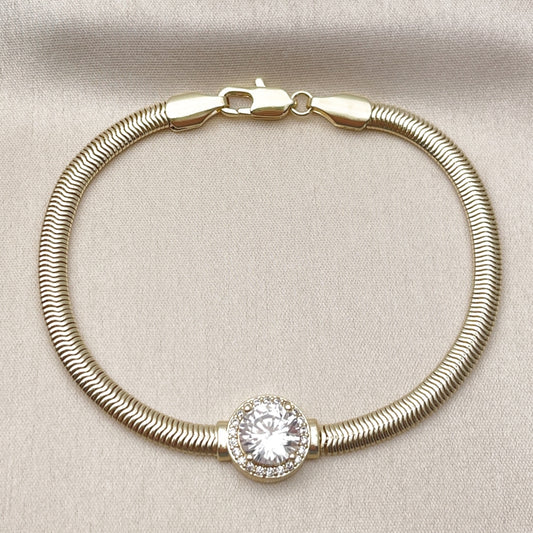 Oro Laminado Fancy Bracelet, Gold Filled Style Rat Tail and Cluster Design, with White Cubic Zirconia and White Micro Pave, Polished, Golden Finish