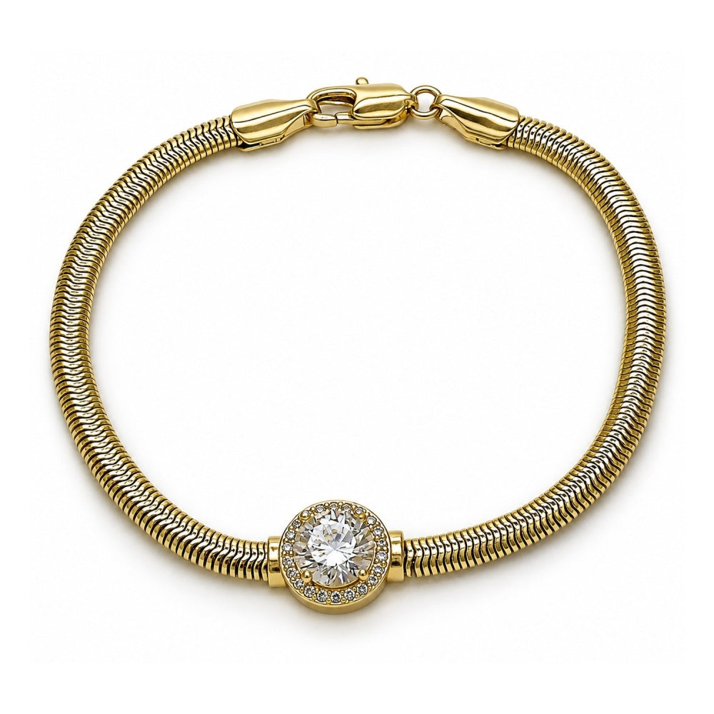 Oro Laminado Fancy Bracelet, Gold Filled Style Rat Tail and Cluster Design, with White Cubic Zirconia and White Micro Pave, Polished, Golden Finish