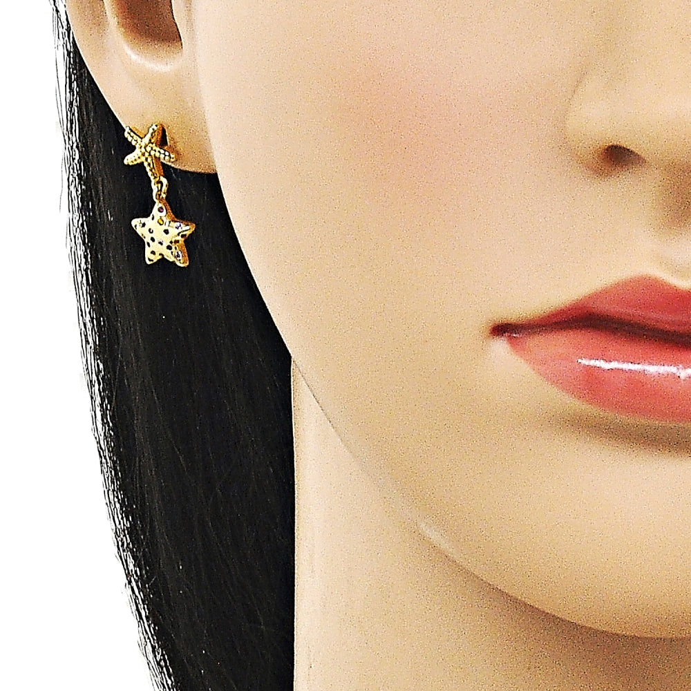 Oro Laminado Stud Earring, Gold Filled Style Star Design, with Multicolor Micro Pave, Polished, Golden Finish