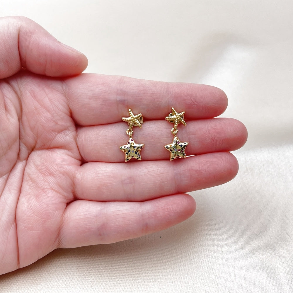 Oro Laminado Stud Earring, Gold Filled Style Star Design, with Multicolor Micro Pave, Polished, Golden Finish
