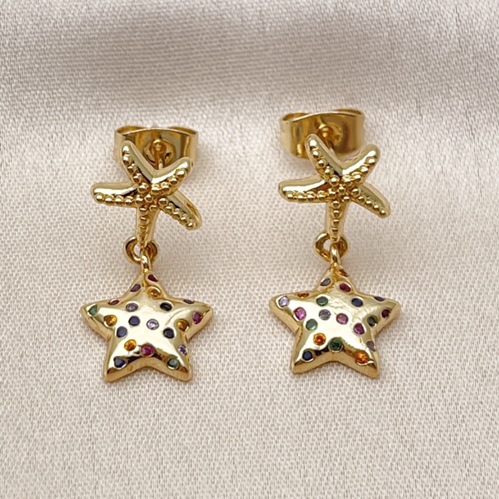 Oro Laminado Stud Earring, Gold Filled Style Star Design, with Multicolor Micro Pave, Polished, Golden Finish