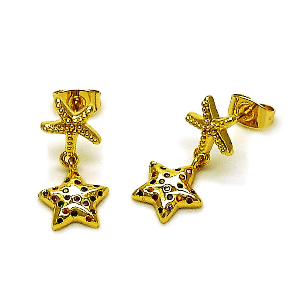 Oro Laminado Stud Earring, Gold Filled Style Star Design, with Multicolor Micro Pave, Polished, Golden Finish