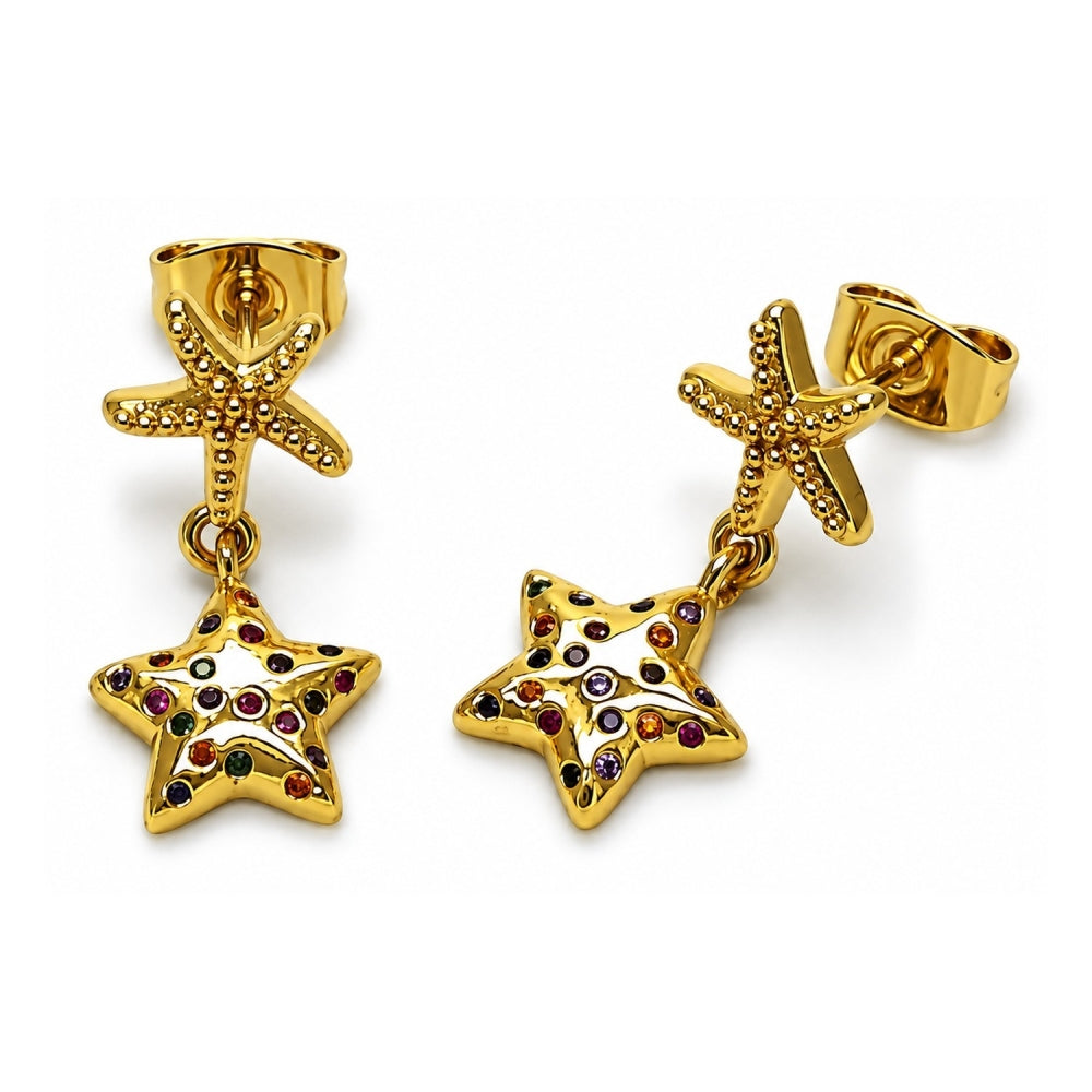 Oro Laminado Stud Earring, Gold Filled Style Star Design, with Multicolor Micro Pave, Polished, Golden Finish
