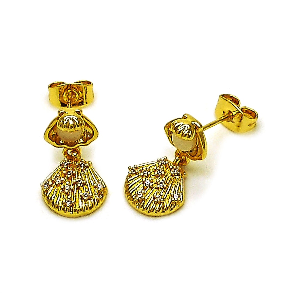 Oro Laminado Dangle Earring, Gold Filled Style Shell Design, with White Platina Opal, Diamond Cutting Finish, Golden Finish