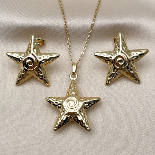 Oro Laminado Earring and Pendant Adult Set, Gold Filled Style Star and Snail Design, Polished, Golden Finish