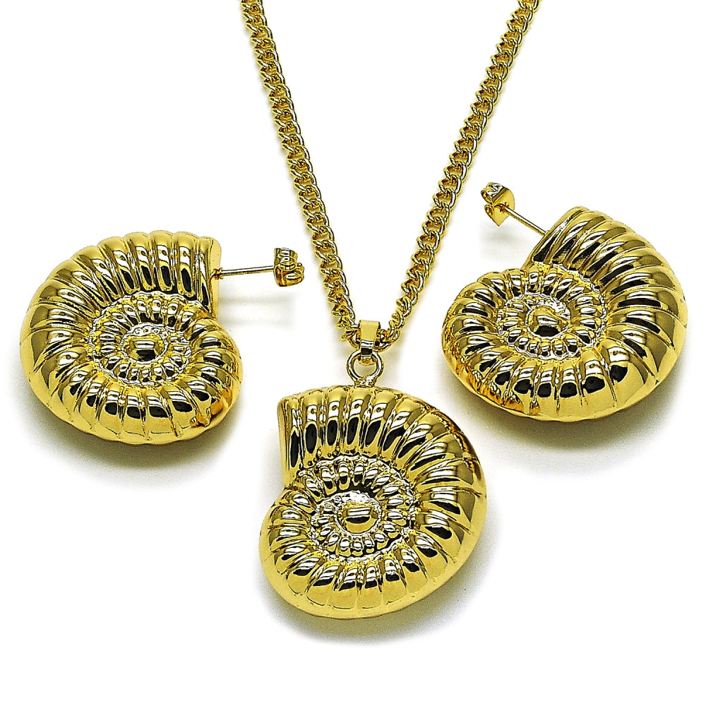 Oro Laminado Earring and Pendant Adult Set, Gold Filled Style Snail and Hollow Design, Polished, Golden Finish