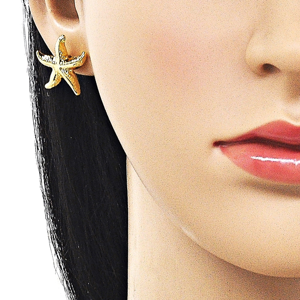 Oro Laminado Stud Earring, Gold Filled Style Star and Hollow Design, Diamond Cutting Finish, Golden Finish