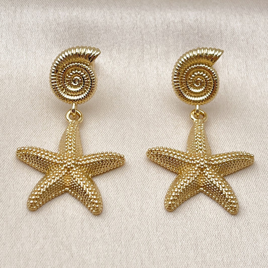 Oro Laminado Dangle Earring, Gold Filled Style Star and Snail Design, Matte Finish, Golden Finish