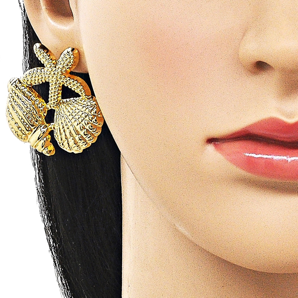 Oro Laminado Stud Earring, Gold Filled Style Star and Shell Design, Polished, Golden Finish
