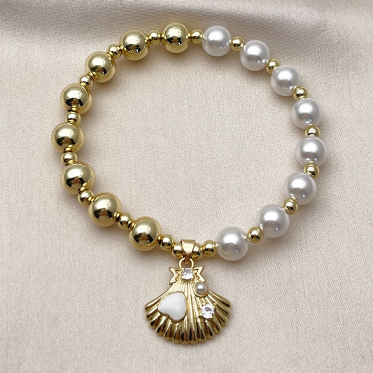 Oro Laminado Fancy Bracelet, Gold Filled Style Expandable Bead and Shell Design, with Ivory Pearl and White Cubic Zirconia, White Enamel Finish, Golden Finish