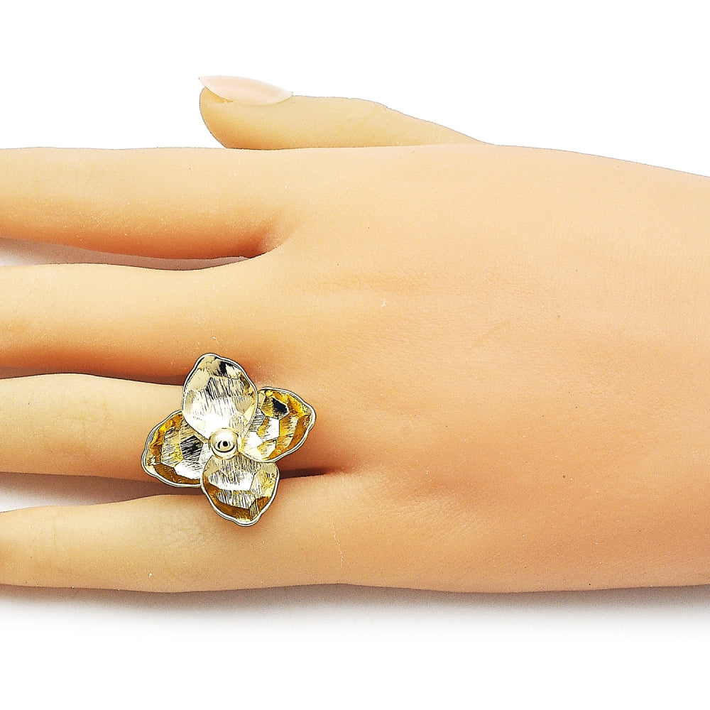 Oro Laminado Elegant Ring, Gold Filled Style Flower Design, Diamond Cutting Finish, Golden Finish