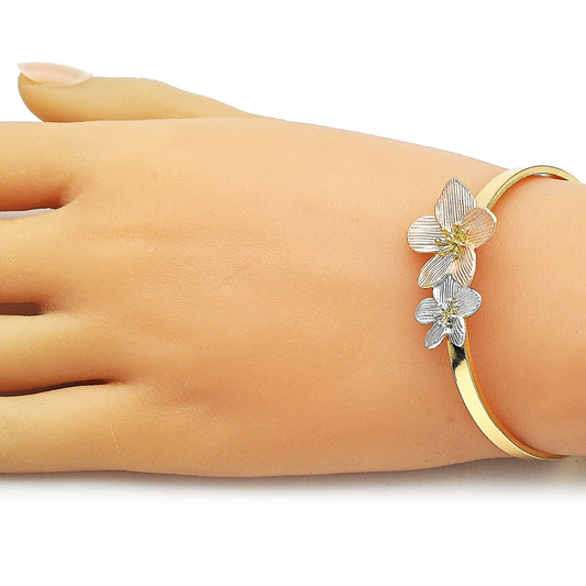 Oro Laminado Individual Bangle, Gold Filled Style Flower Design, Diamond Cutting Finish, Tricolor