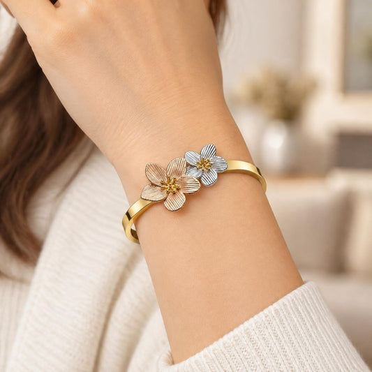 Oro Laminado Individual Bangle, Gold Filled Style Flower Design, Diamond Cutting Finish, Tricolor