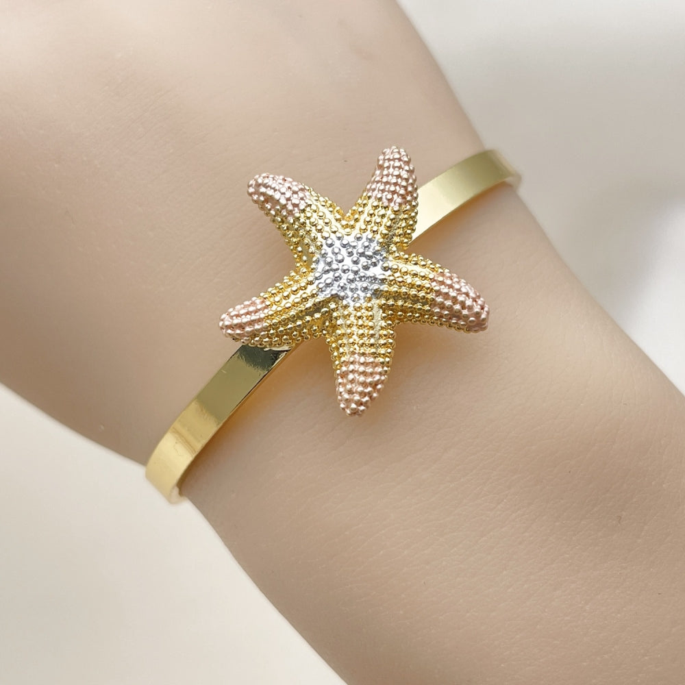 Oro Laminado Individual Bangle, Gold Filled Style Star Design, Matte Finish, Tricolor