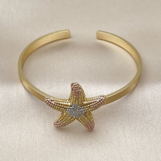 Oro Laminado Individual Bangle, Gold Filled Style Star Design, Matte Finish, Tricolor