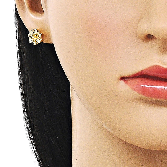 Oro Laminado Stud Earring, Gold Filled Style Flower Design, Polished, Golden Finish
