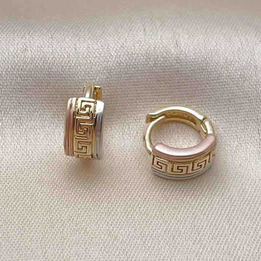 Oro Laminado Huggie Hoop, Gold Filled Style Greek Key Design, Polished, Tricolor