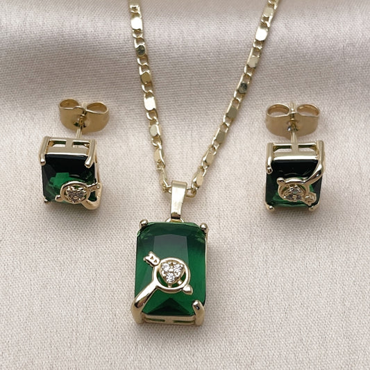 Oro Laminado Earring and Pendant Adult Set, Gold Filled Style Heart and Arrow Design, with Green and White Cubic Zirconia, Polished, Golden Finish