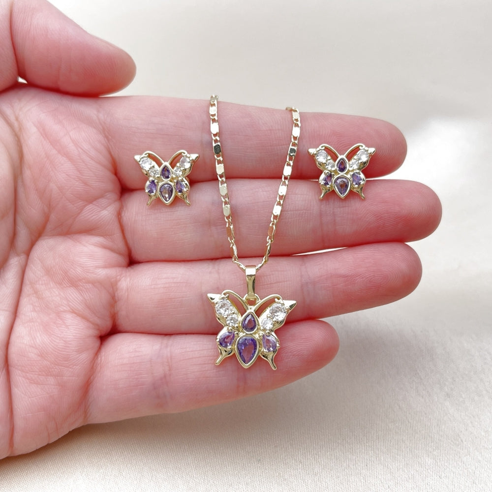Oro Laminado Earring and Pendant Adult Set, Gold Filled Style Butterfly Design, with Amethyst and White Cubic Zirconia, Polished, Golden Finish
