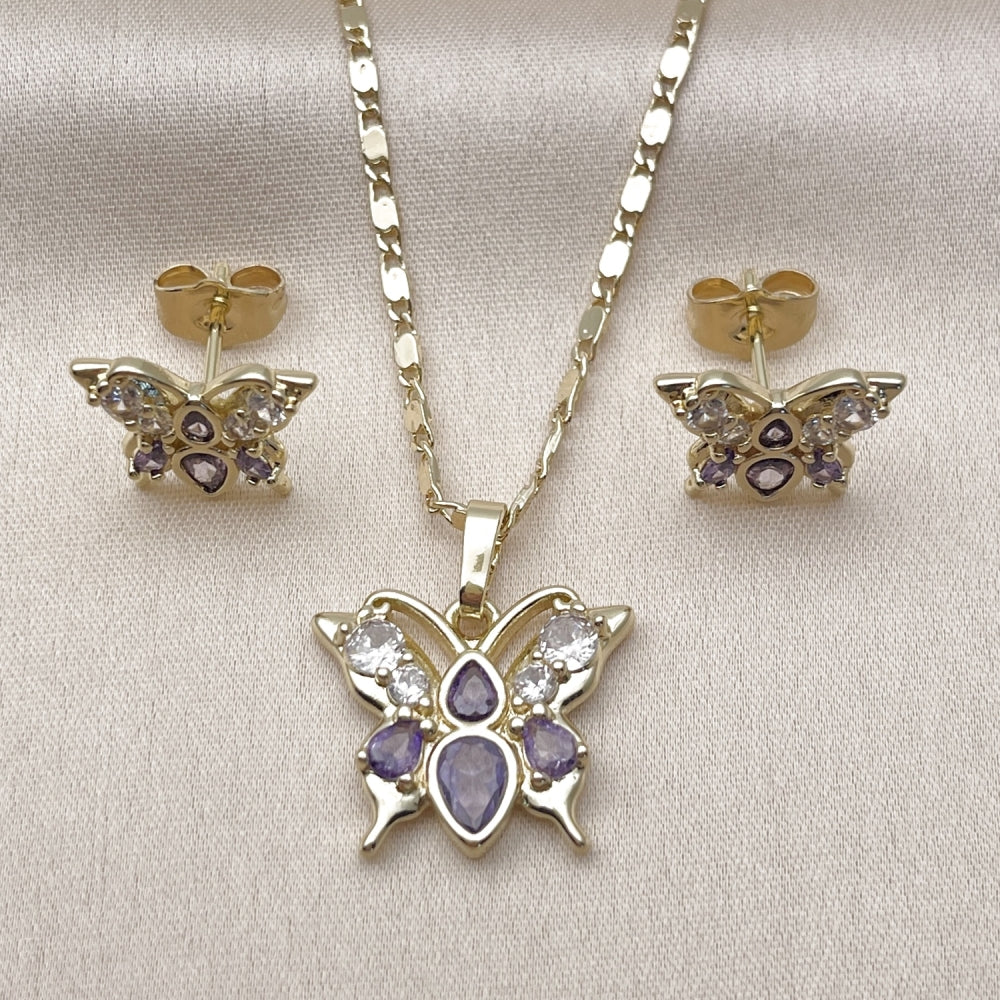Oro Laminado Earring and Pendant Adult Set, Gold Filled Style Butterfly Design, with Amethyst and White Cubic Zirconia, Polished, Golden Finish