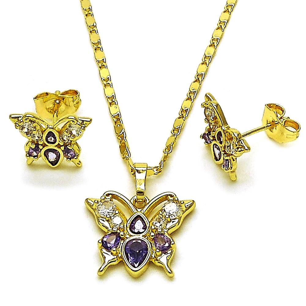 Oro Laminado Earring and Pendant Adult Set, Gold Filled Style Butterfly Design, with Amethyst and White Cubic Zirconia, Polished, Golden Finish