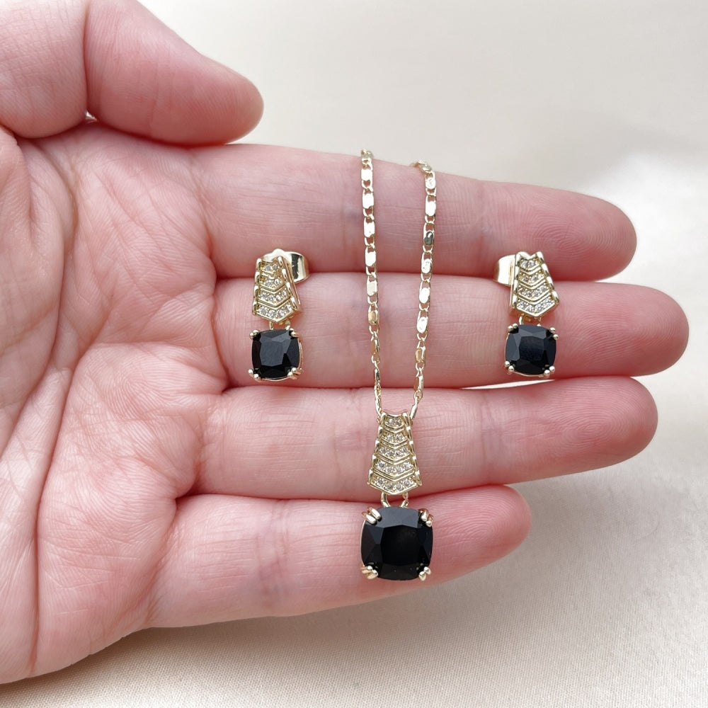 Oro Laminado Earring and Pendant Adult Set, Gold Filled Style with Black Cubic Zirconia and White Micro Pave, Polished, Golden Finish