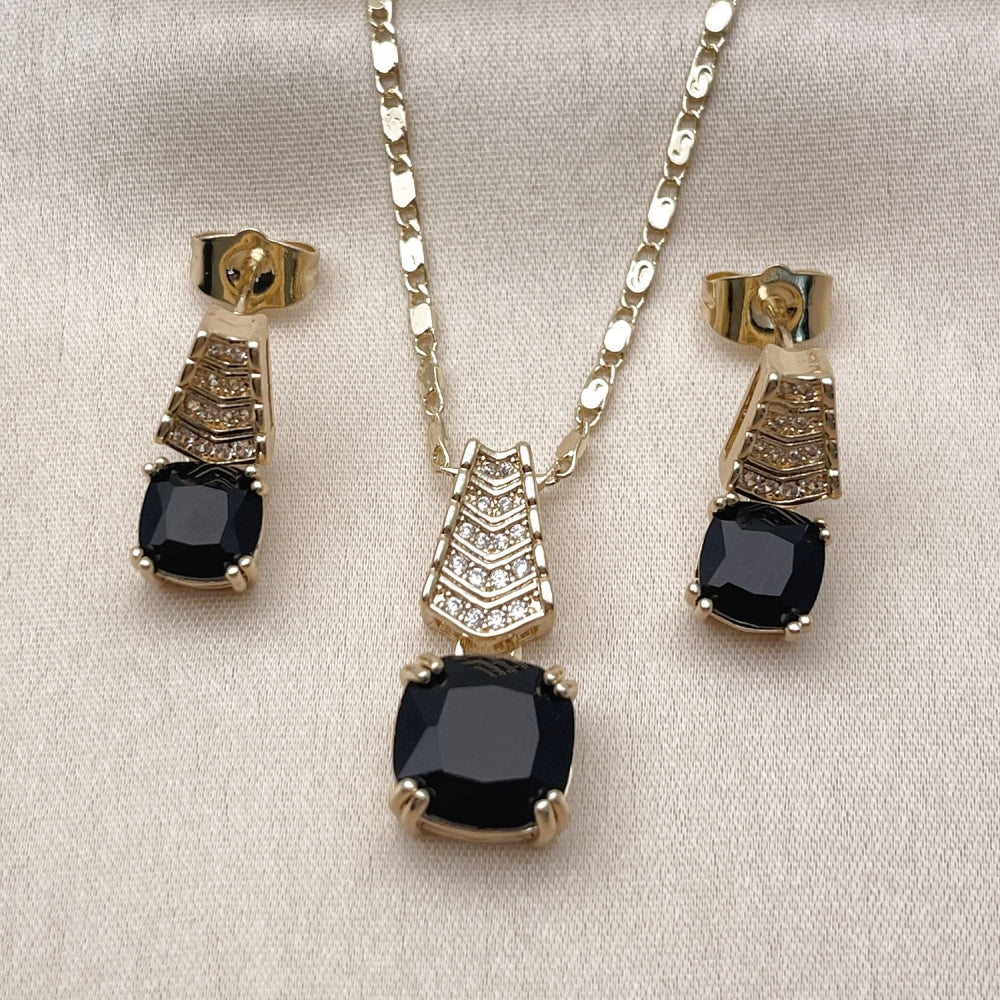 Oro Laminado Earring and Pendant Adult Set, Gold Filled Style with Black Cubic Zirconia and White Micro Pave, Polished, Golden Finish