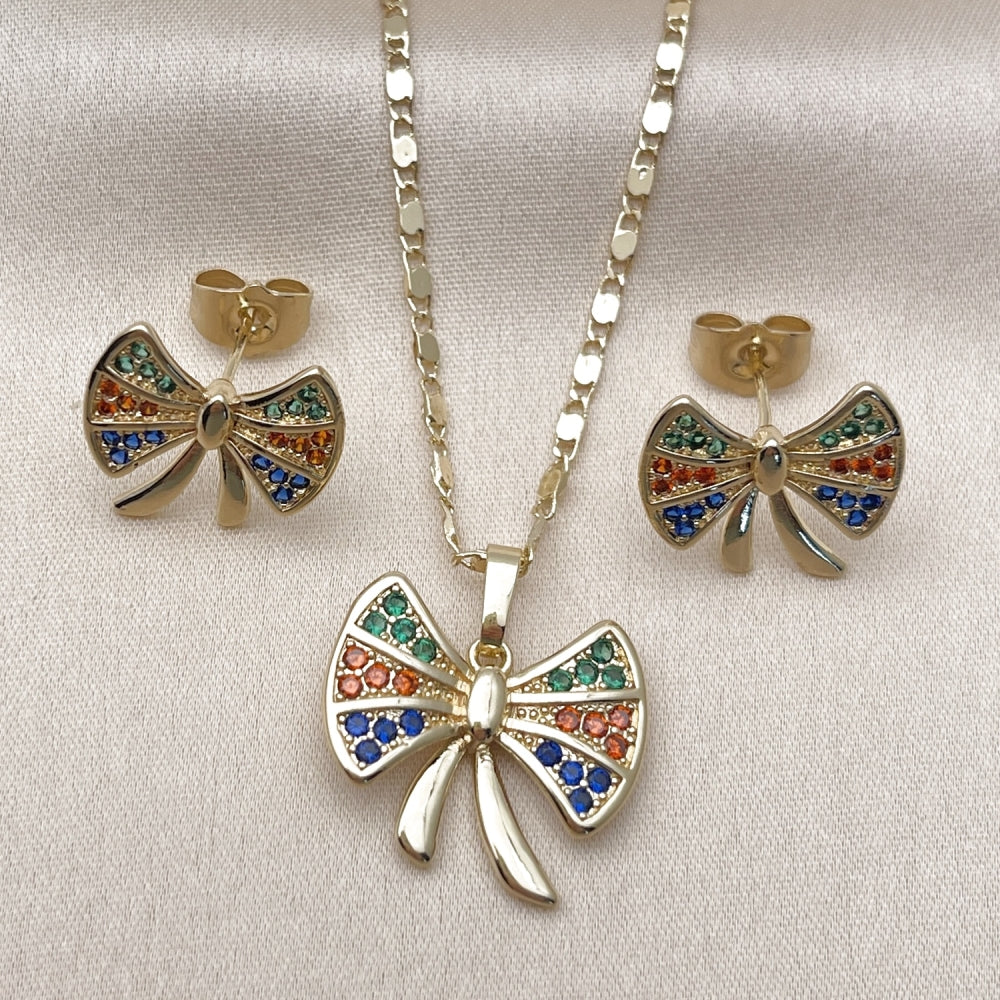 Oro Laminado Earring and Pendant Adult Set, Gold Filled Style Bow Design, with Multicolor Cubic Zirconia, Polished, Golden Finish