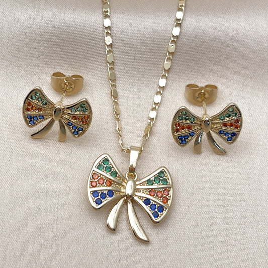 Oro Laminado Earring and Pendant Adult Set, Gold Filled Style Bow Design, with Multicolor Cubic Zirconia, Polished, Golden Finish
