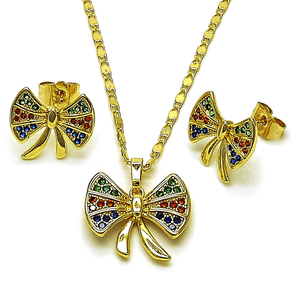 Oro Laminado Earring and Pendant Adult Set, Gold Filled Style Bow Design, with Multicolor Cubic Zirconia, Polished, Golden Finish
