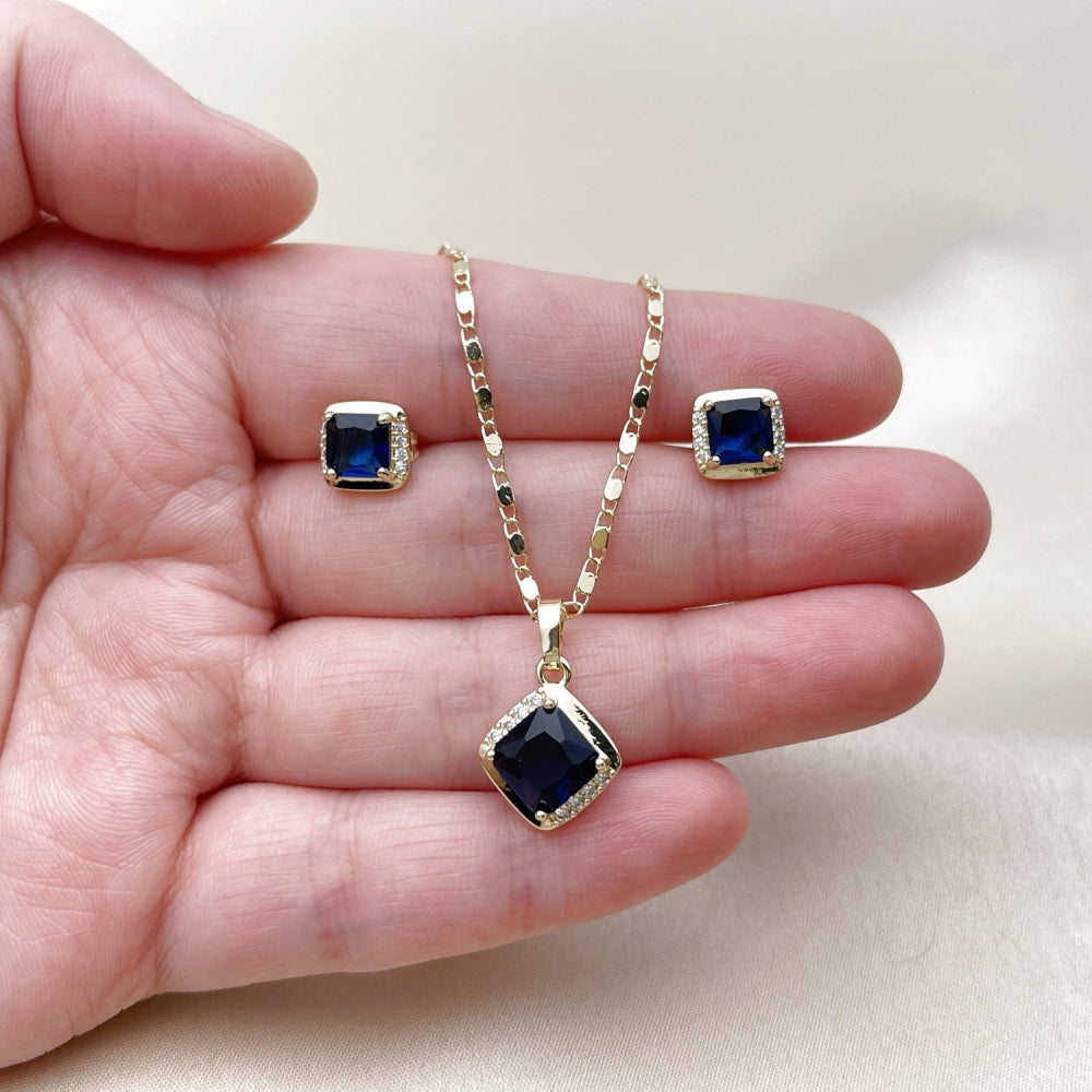 Oro Laminado Earring and Pendant Adult Set, Gold Filled Style Cluster Design, with Sapphire Blue Cubic Zirconia and White Micro Pave, Polished, Golden Finish