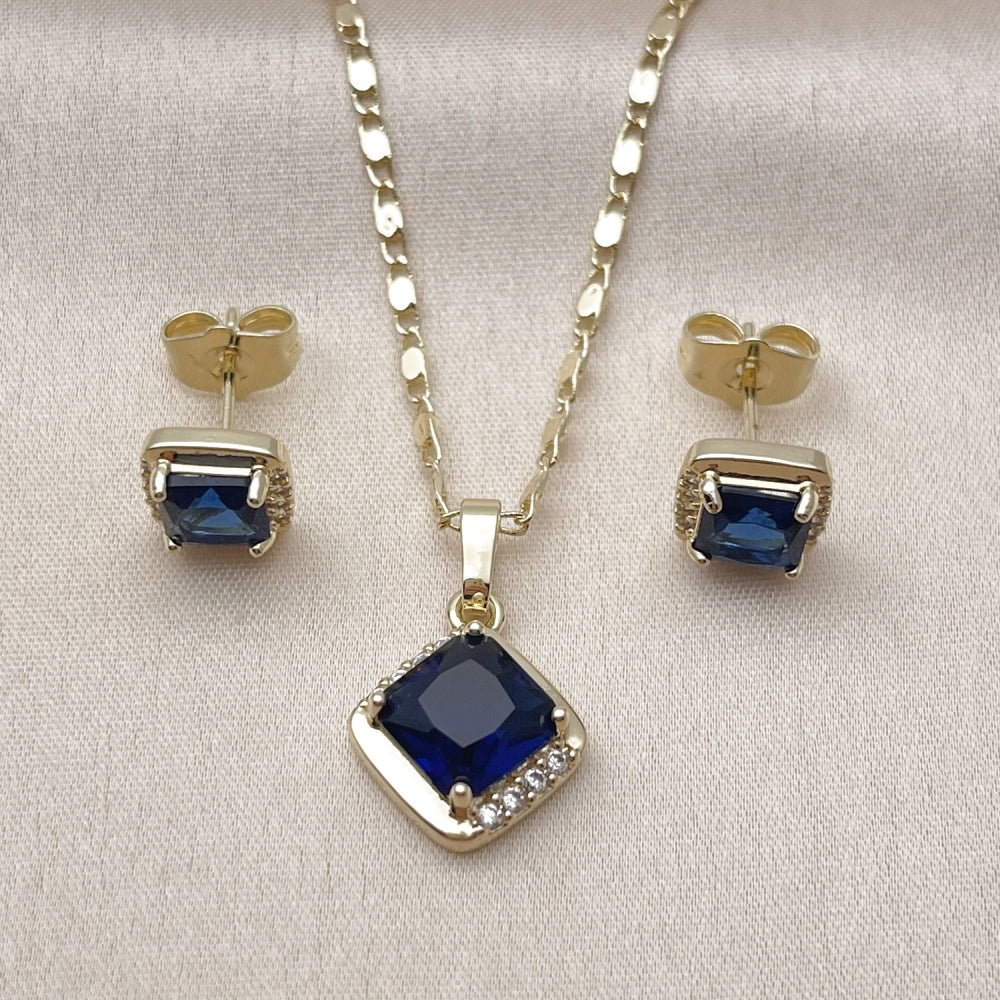 Oro Laminado Earring and Pendant Adult Set, Gold Filled Style Cluster Design, with Sapphire Blue Cubic Zirconia and White Micro Pave, Polished, Golden Finish