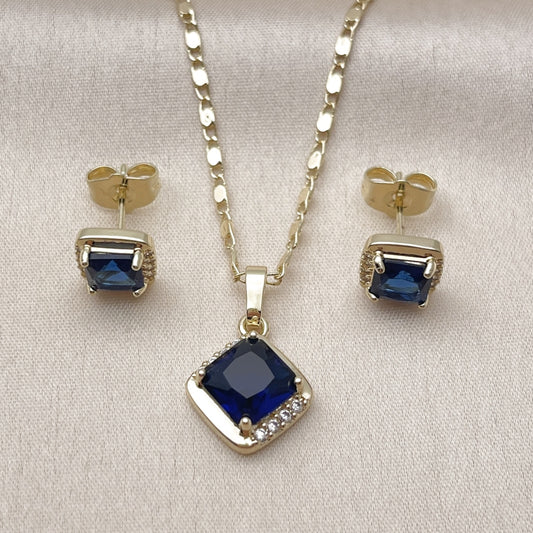 Oro Laminado Earring and Pendant Adult Set, Gold Filled Style Cluster Design, with Sapphire Blue Cubic Zirconia and White Micro Pave, Polished, Golden Finish