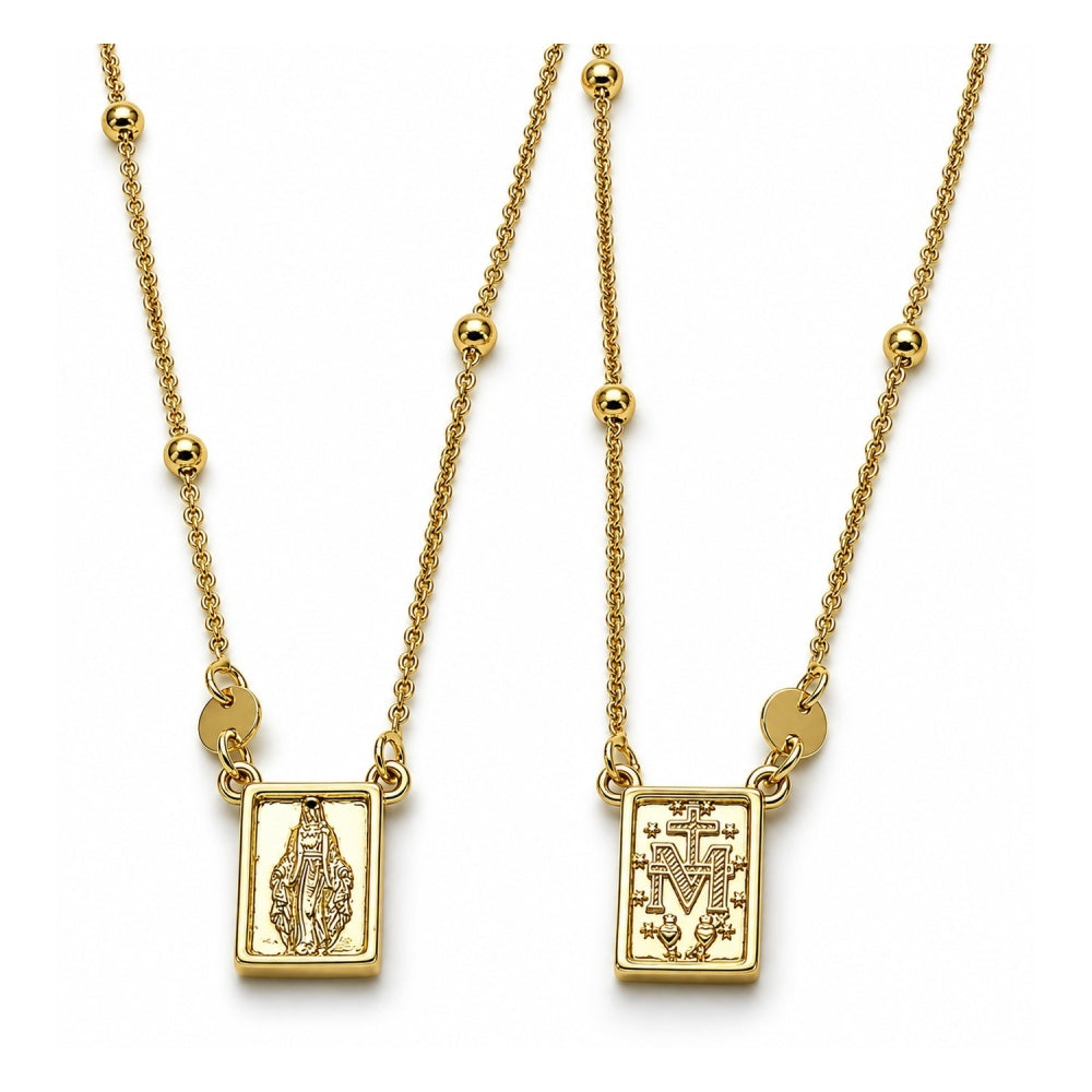 Oro Laminado Pendant Necklace, Gold Filled Style Medalla Milagrosa and Cross Design, Polished, Golden Finish