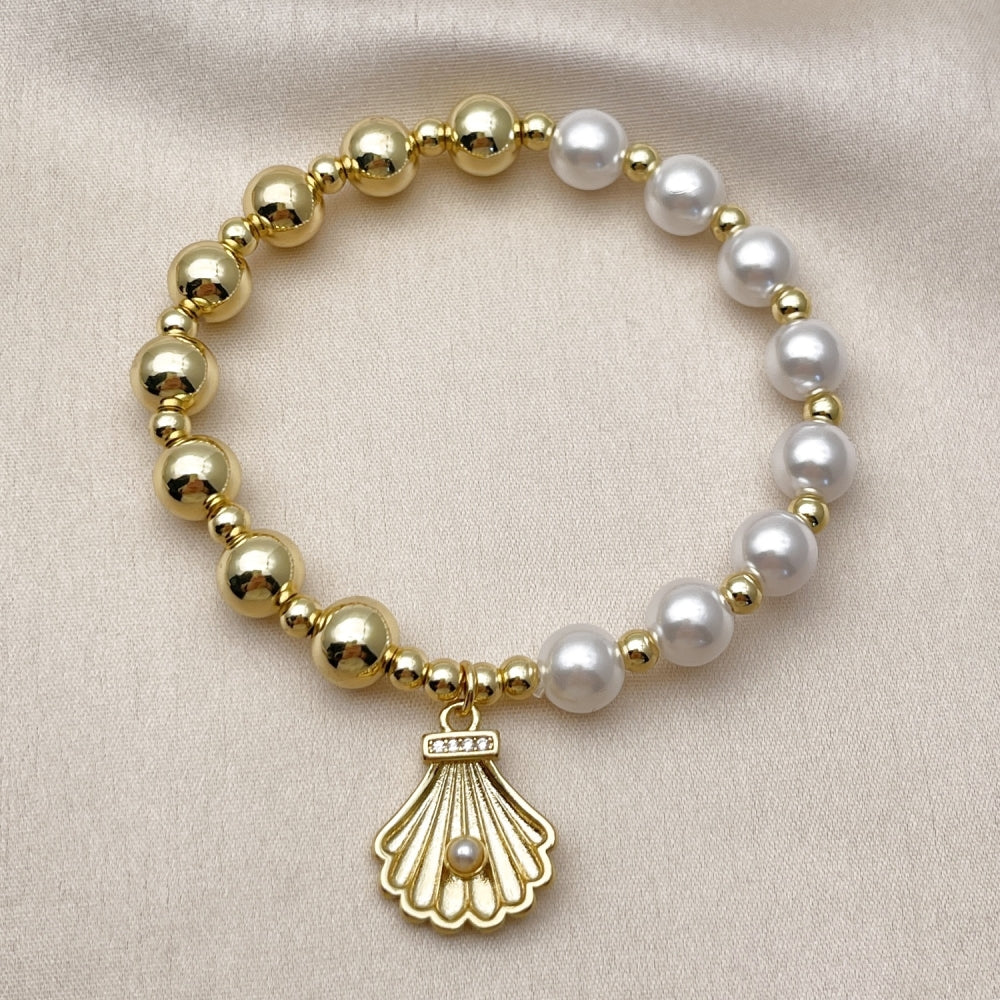Oro Laminado Fancy Bracelet, Gold Filled Style Shell and Ball Design, with Ivory Pearl and White Micro Pave, Polished, Golden Finish