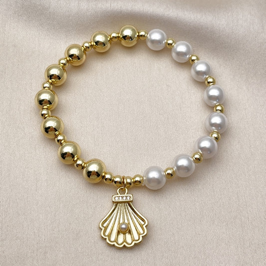 Oro Laminado Fancy Bracelet, Gold Filled Style Shell and Ball Design, with Ivory Pearl and White Micro Pave, Polished, Golden Finish