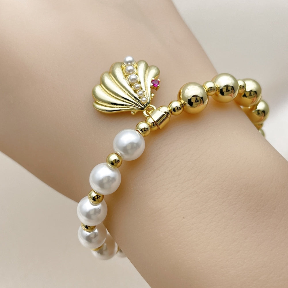 Oro Laminado Fancy Bracelet, Gold Filled Style Shell and Expandable Bead Design, with Ivory Pearl and Ruby Cubic Zirconia, Polished, Golden Finish