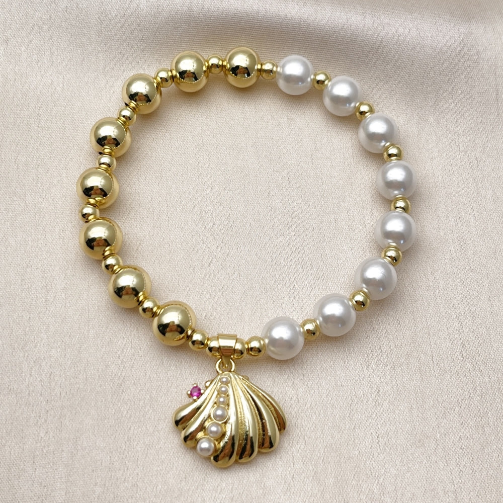 Oro Laminado Fancy Bracelet, Gold Filled Style Shell and Expandable Bead Design, with Ivory Pearl and Ruby Cubic Zirconia, Polished, Golden Finish