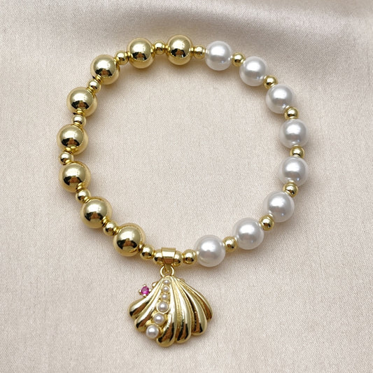 Oro Laminado Fancy Bracelet, Gold Filled Style Shell and Expandable Bead Design, with Ivory Pearl and Ruby Cubic Zirconia, Polished, Golden Finish