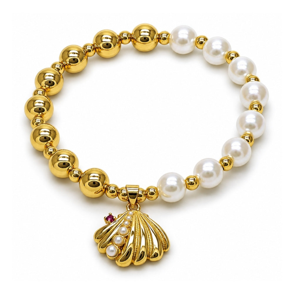 Oro Laminado Fancy Bracelet, Gold Filled Style Shell and Expandable Bead Design, with Ivory Pearl and Ruby Cubic Zirconia, Polished, Golden Finish