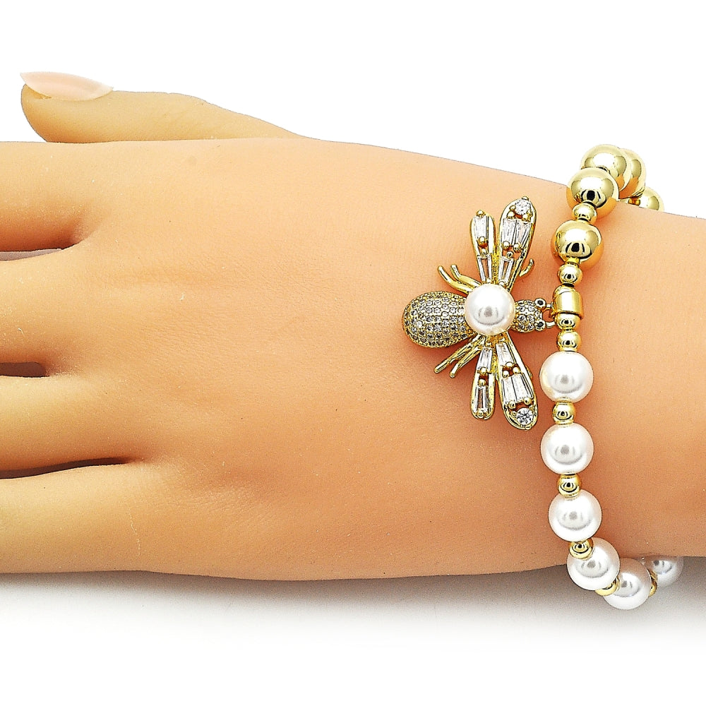 Oro Laminado Fancy Bracelet, Gold Filled Style Bee and Expandable Bead Design, with Ivory Pearl and White Cubic Zirconia, Polished, Golden Finish