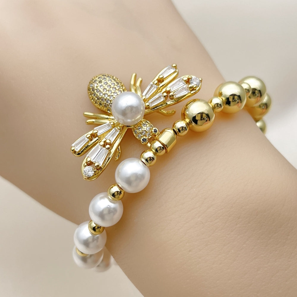 Oro Laminado Fancy Bracelet, Gold Filled Style Bee and Expandable Bead Design, with Ivory Pearl and White Cubic Zirconia, Polished, Golden Finish