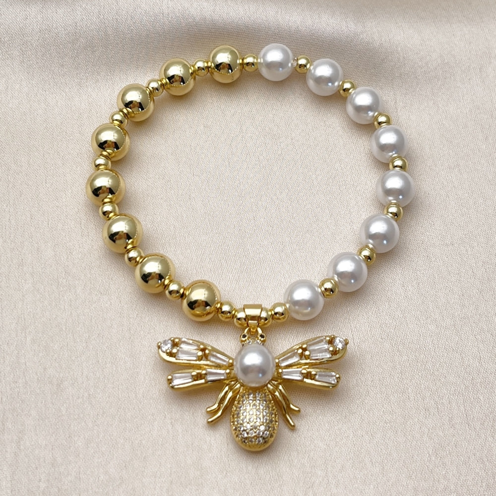 Oro Laminado Fancy Bracelet, Gold Filled Style Bee and Expandable Bead Design, with Ivory Pearl and White Cubic Zirconia, Polished, Golden Finish