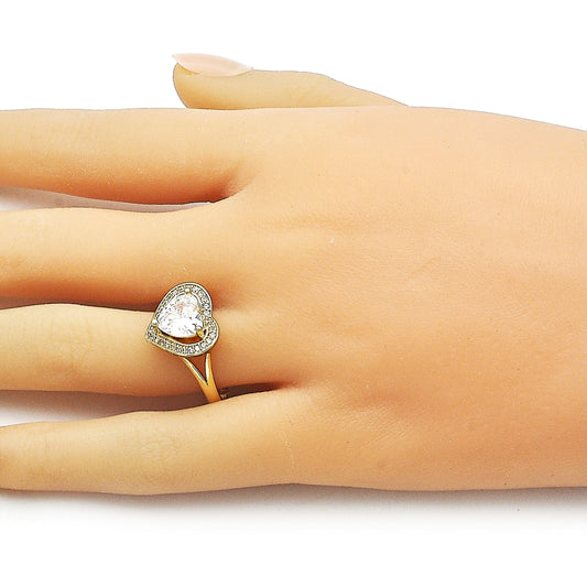 Oro Laminado Multi Stone Ring, Gold Filled Style Heart and Cluster Design, with White Cubic Zirconia and White Micro Pave, Polished, Golden Finish