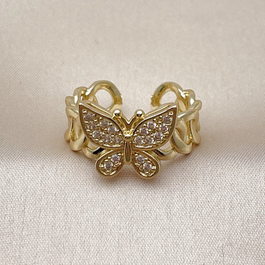Oro Laminado Multi Stone Ring, Gold Filled Style Butterfly and Miami Cuban Design, with White Cubic Zirconia, Polished, Golden Finish