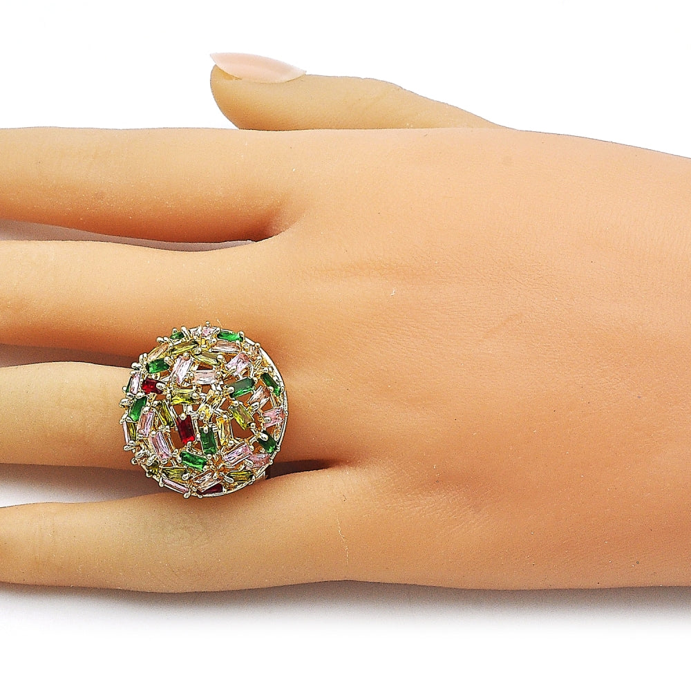 Oro Laminado Multi Stone Ring, Gold Filled Style Baguette Design, with Multicolor Cubic Zirconia, Polished, Golden Finish